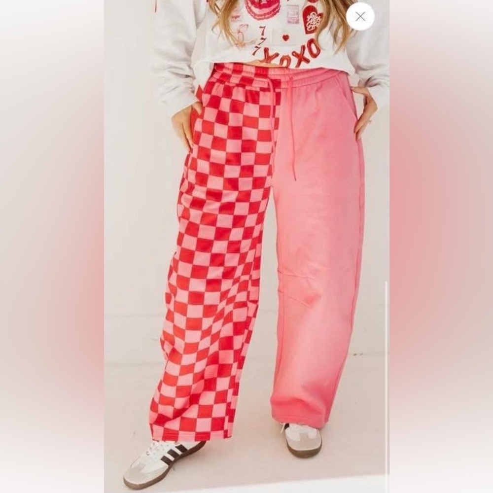 Pink Checkerboard & Solid Barrel Sweatpants - image 1